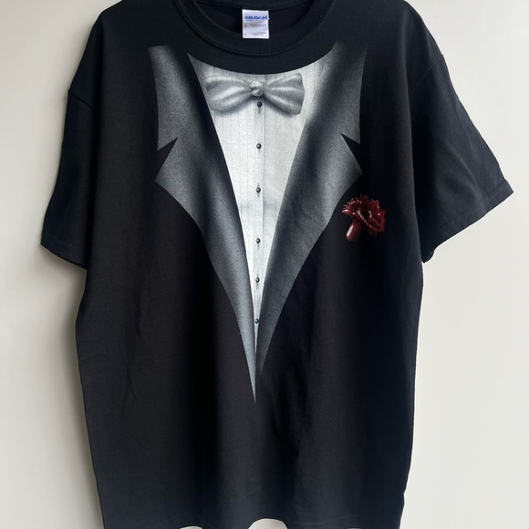 Tuxedo T-shirt. Size large black and white with red flower front print. - Picture 2 of 5